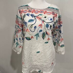 Anthropologie Kindred Embroidered White Top with Multicolor Floral Embroidery